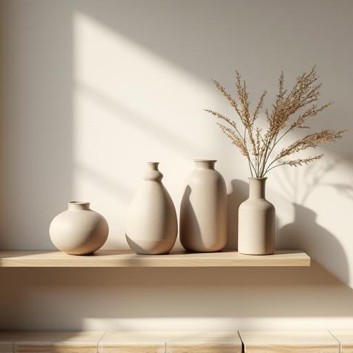 Minimalist ceramic vases on shelf